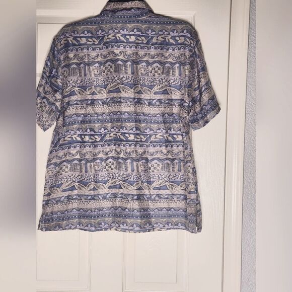 Dressbarn L Gray Blue Shrtslv Floral Print Striped Button Up Women Blouse Shirt - Picture 6 of 7